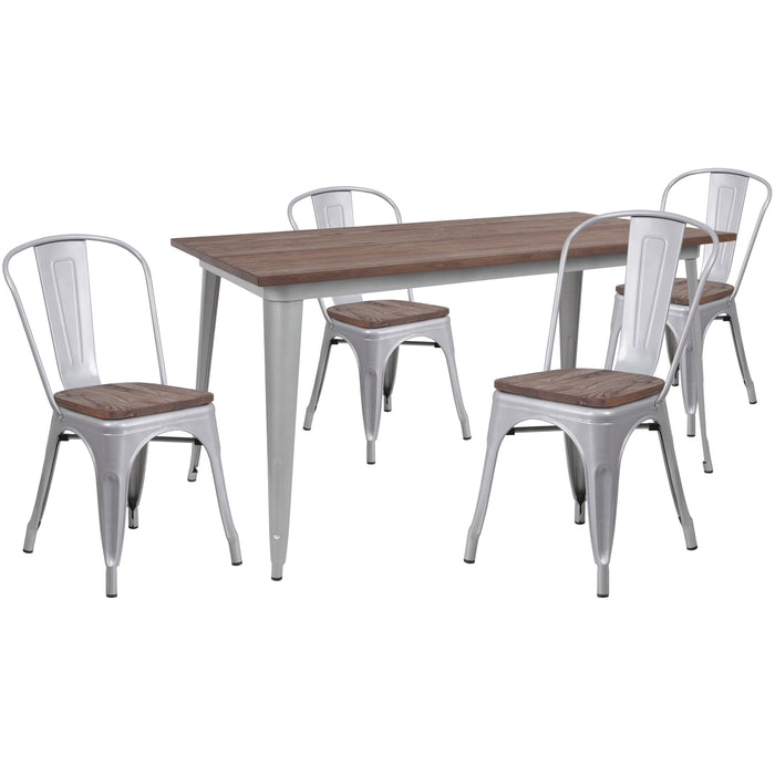 30.25" x 60" Rectangular Silver Metal Restaurant Table Set with Wood Top and 4 Stack Chairs