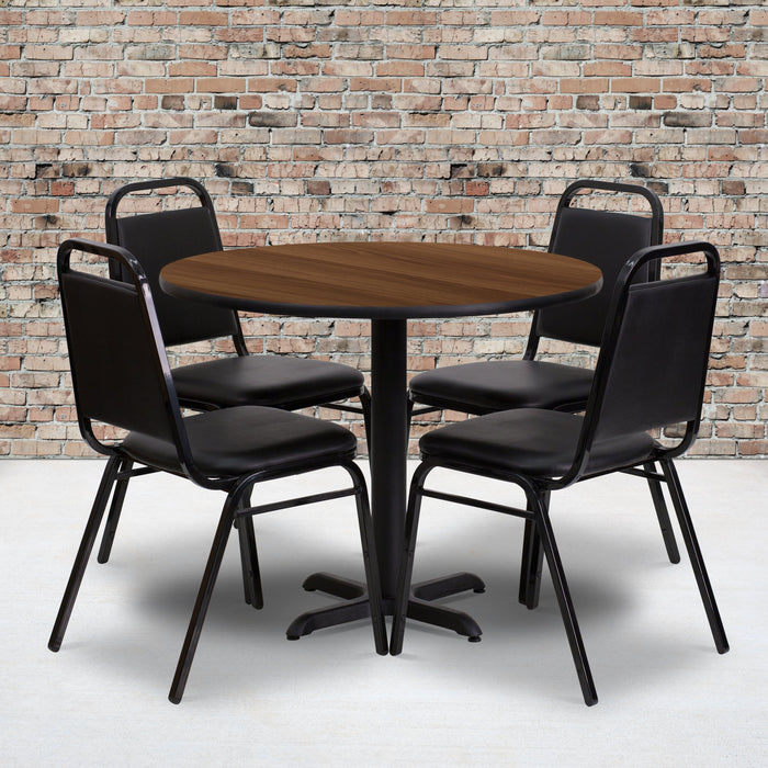 36'' Round Walnut Laminate Restaurant Table Set with 4 Black Trapezoidal Back Banquet Chairs