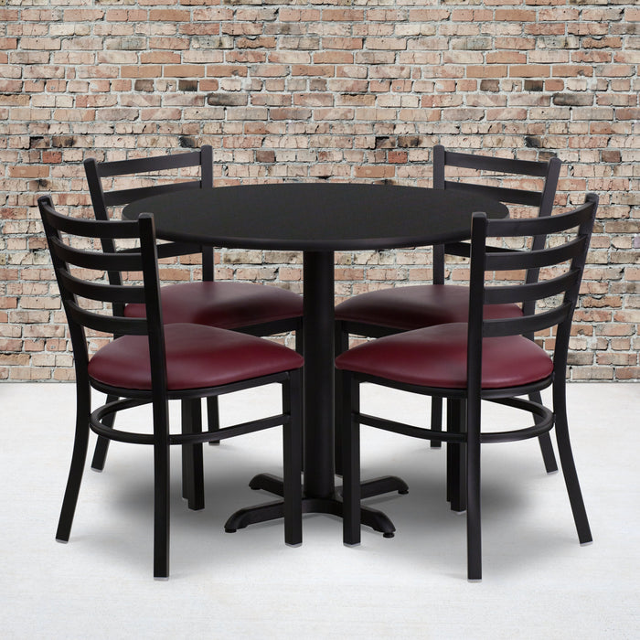36'' Round Black Laminate Restaurant Table Set with 4 Ladder Back Metal Chairs - Burgundy Vinyl Seat