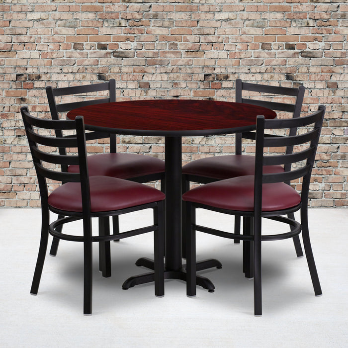 36'' Round Mahogany Laminate Restaurant Table Set with 4 Ladder Back Metal Chairs - Burgundy Vinyl Seat