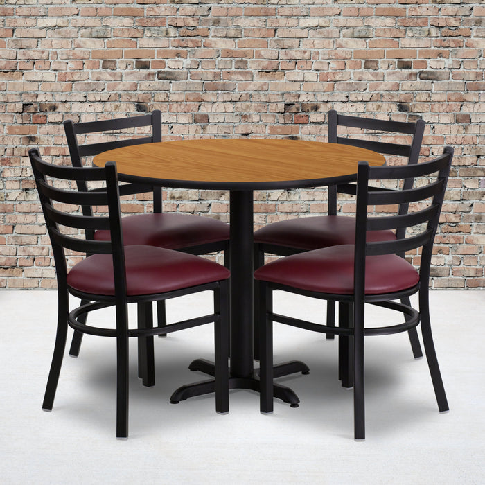 36'' Round Natural Laminate Restaurant Table Set with 4 Ladder Back Metal Chairs - Burgundy Vinyl Seat