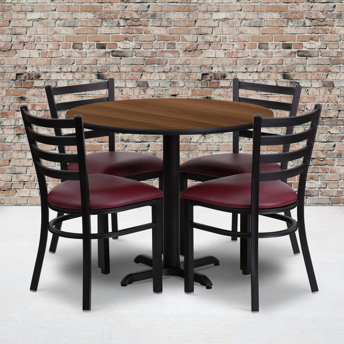 36'' Round Walnut Laminate Restaurant Table Set with 4 Ladder Back Metal Chairs - Burgundy Vinyl Seat