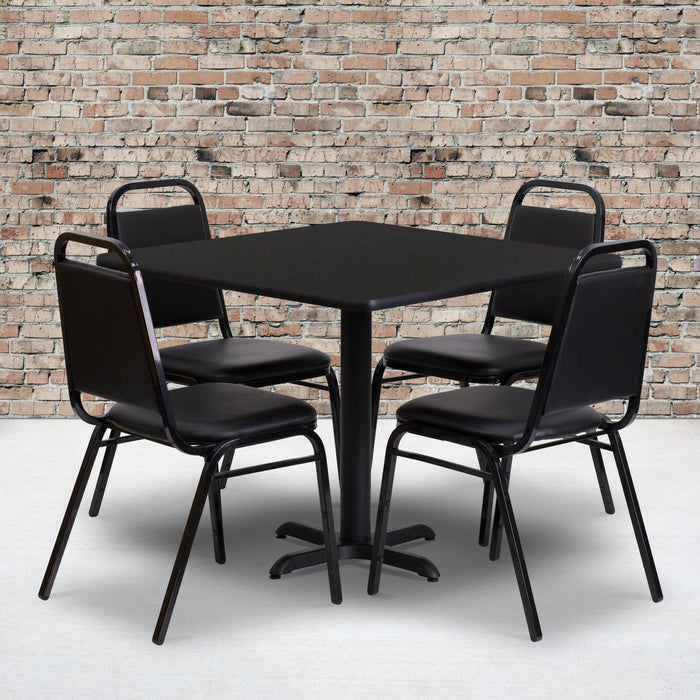 36'' Square Black Laminate Restaurant Table Set with 4 Black Trapezoidal Back Banquet Chairs