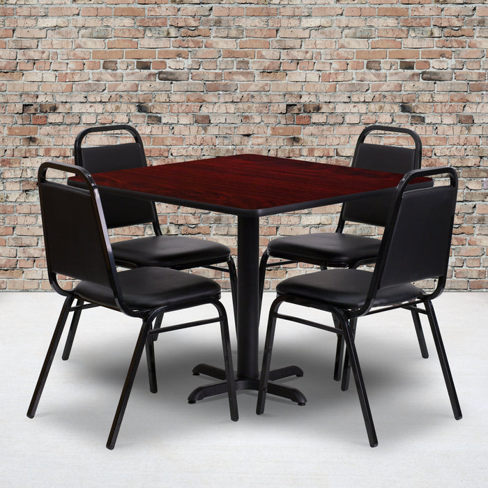 36'' Square Mahogany Laminate Restaurant Table Set with 4 Black Trapezoidal Back Banquet Chairs