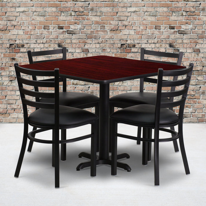 36'' Square Mahogany Laminate Restaurant Table Set with X-Base and 4 Ladder Back Metal Chairs - Black Vinyl Seat