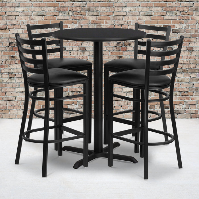 30'' Round Black Laminate Restaurant Table Set with 4 Ladder Back Metal Barstools - Black Vinyl Seat