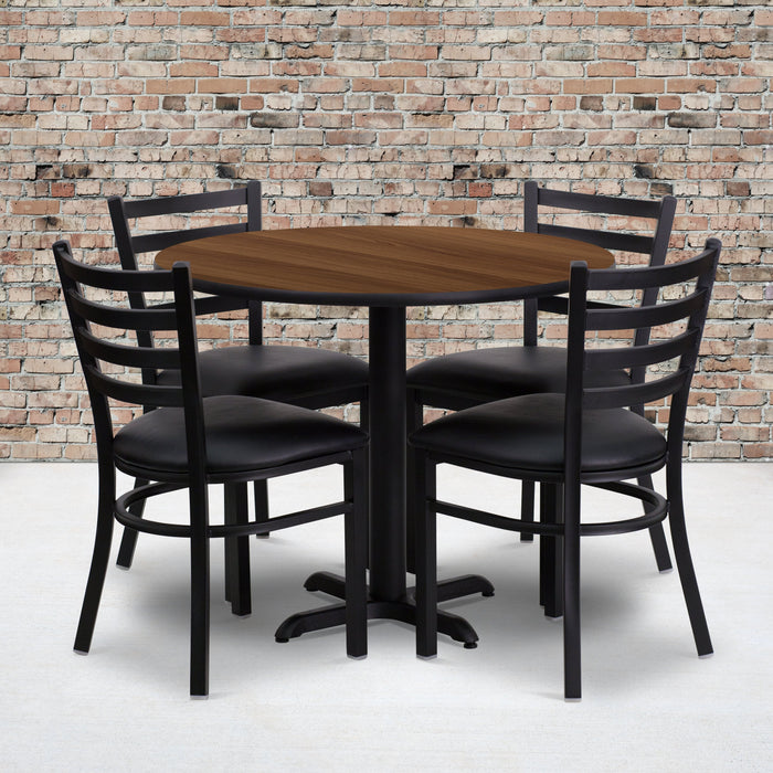 36'' Round Walnut Laminate Restaurant Table Set with 4 Ladder Back Metal Chairs - Black Vinyl Seat