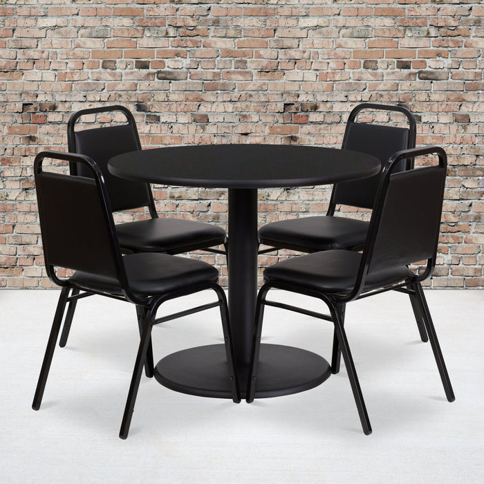 36'' Round Black Laminate Restaurant Table Set with Round Base and 4 Black Trapezoidal Back Banquet Chairs