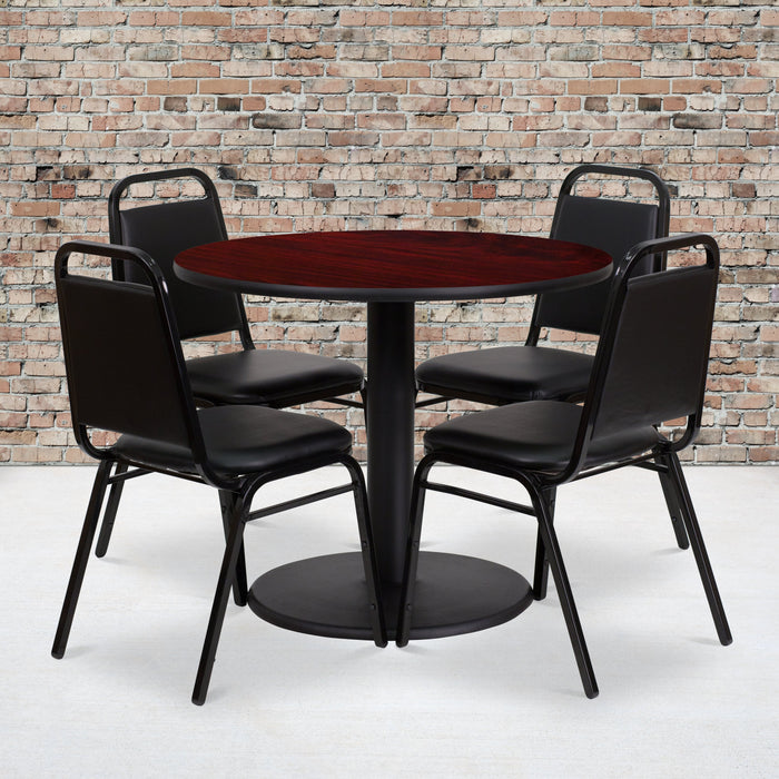 36'' Round Mahogany Laminate Restaurant Table Set with Round Base and 4 Black Trapezoidal Back Banquet Chairs