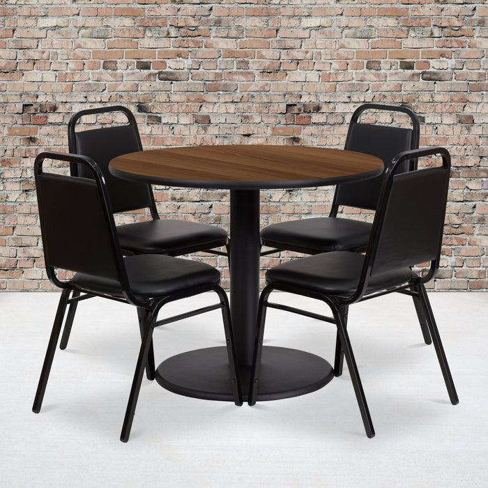 36'' Round Walnut Laminate Restaurant Table Set with Round Base and 4 Black Trapezoidal Back Banquet Chairs