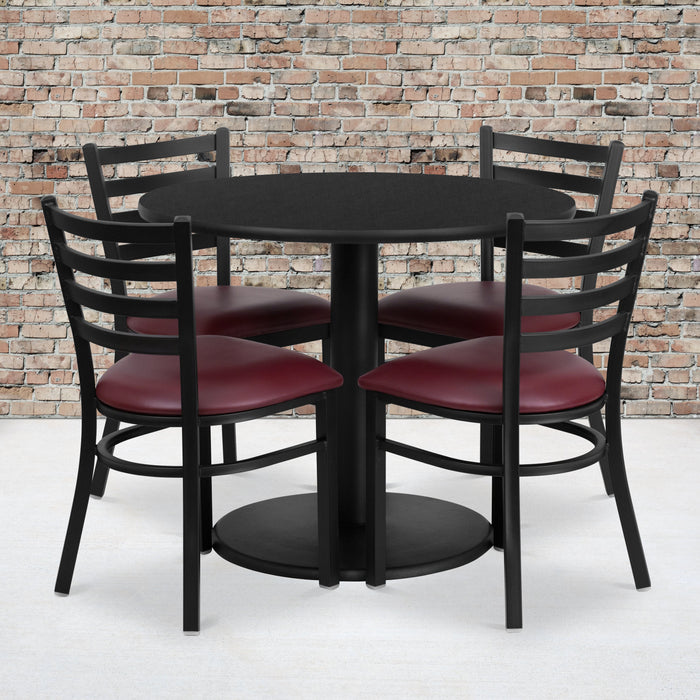 36'' Round Black Laminate Restaurant Table Set with Round Base and 4 Ladder Back Metal Chairs - Burgundy Vinyl Seat