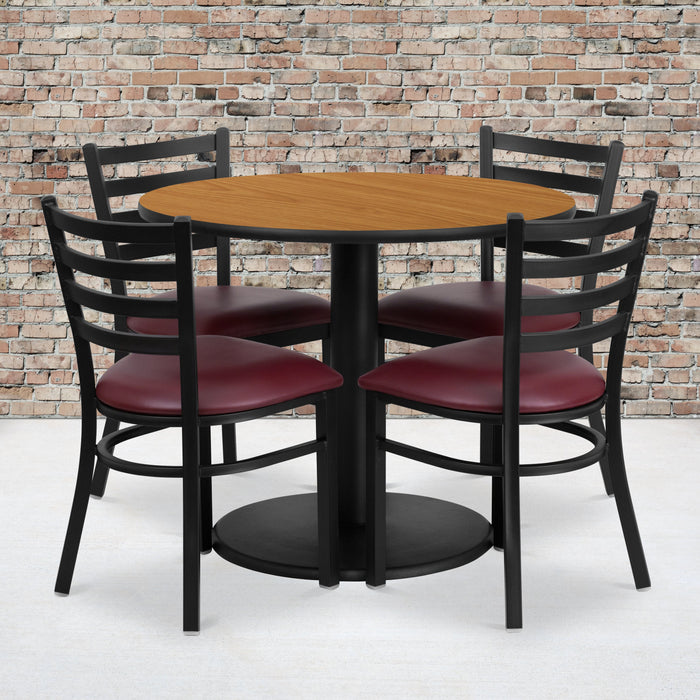 36'' Round Natural Laminate Restaurant Table Set with Round Base and 4 Ladder Back Metal Chairs - Burgundy Vinyl Seat