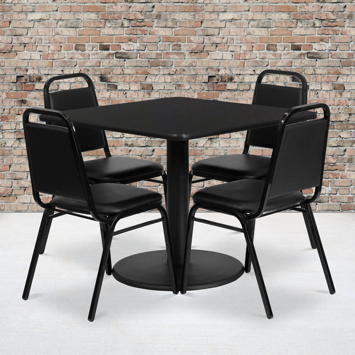 36'' Square Black Laminate Restaurant Table Set with Round Base and 4 Black Trapezoidal Back Banquet Chairs