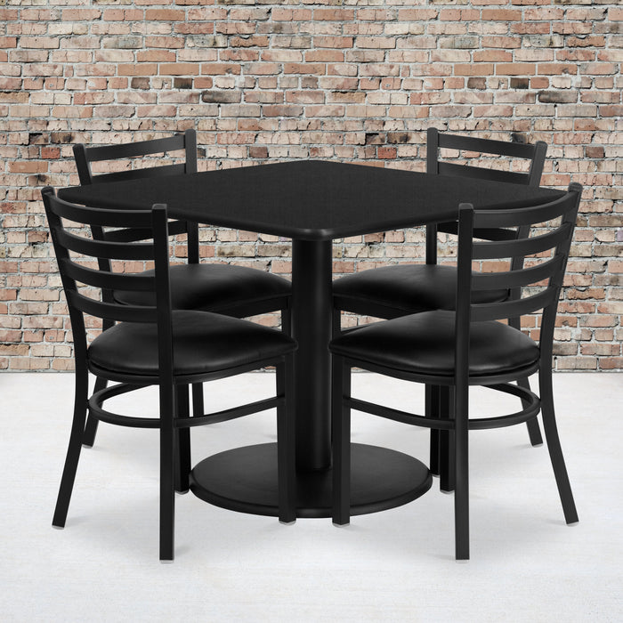 36'' Square Black Laminate Restaurant Table Set with 4 Ladder Back Metal Chairs - Black Vinyl Seat