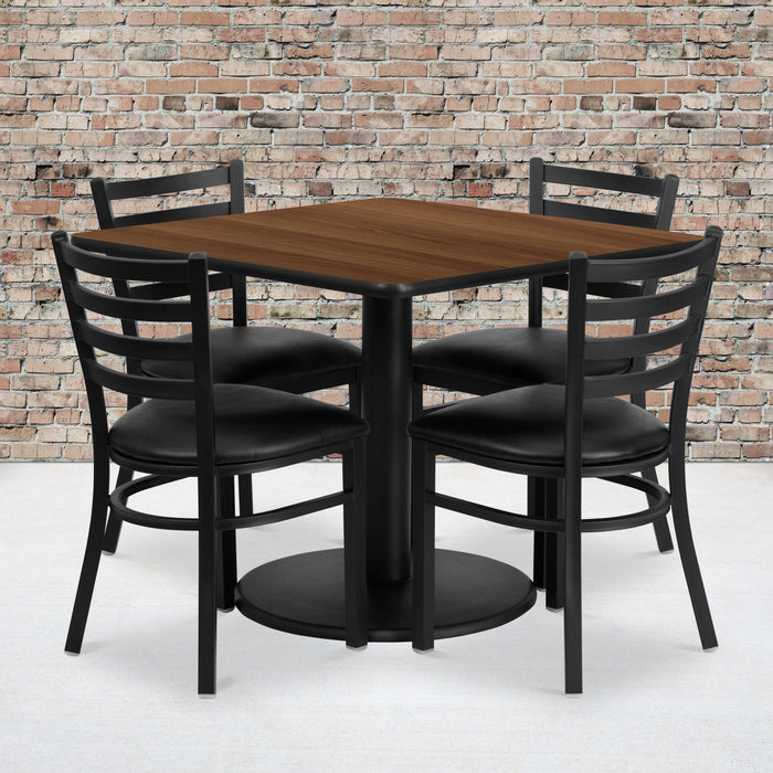 36'' Square Walnut Laminate Restaurant Table Set with 4 Ladder Back Metal Chairs - Black Vinyl Seat