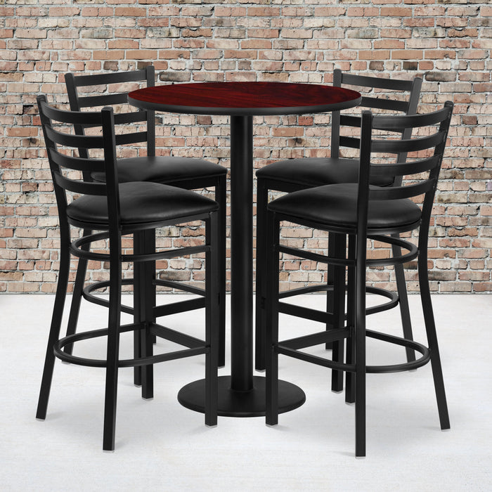 30'' Round Mahogany Laminate Restaurant Table Set with Round Base and 4 Ladder Back Metal Barstools - Black Vinyl Seat