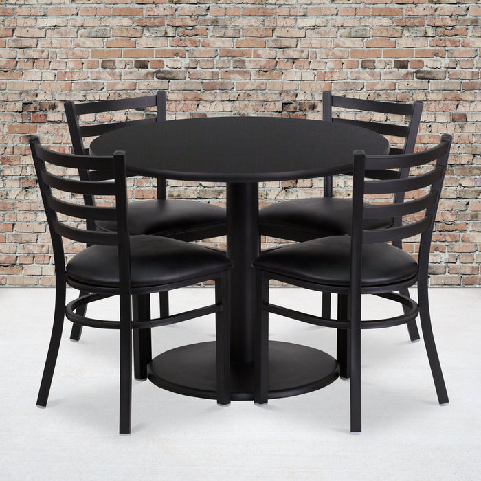 36'' Round Black Laminate Restaurant Table Set with Round Base and 4 Ladder Back Metal Chairs - Black Vinyl Seat