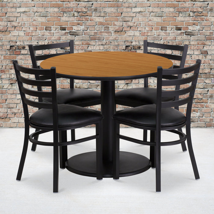 36'' Round Natural Laminate Restaurant Table Set with Round Base and 4 Ladder Back Metal Chairs - Black Vinyl Seat