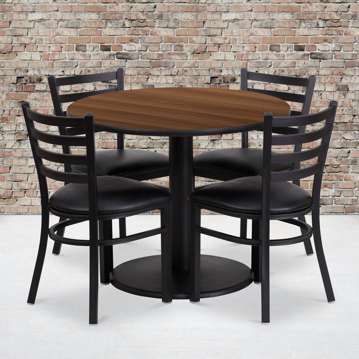36'' Round Walnut Laminate Restaurant Table Set with Round Base and 4 Ladder Back Metal Chairs - Black Vinyl Seat