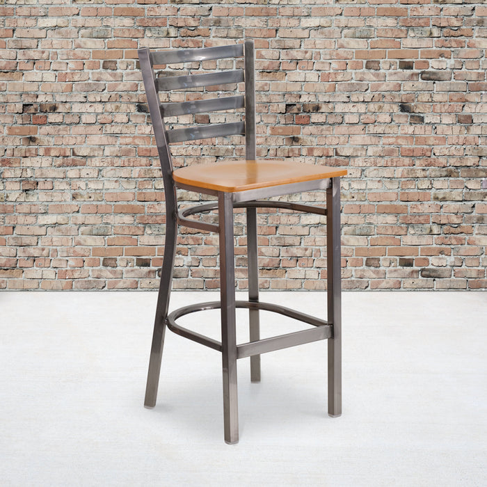28.75" Heavy Duty Clear Coated Ladder Back Metal Restaurant Barstool - Natural Wood Seat