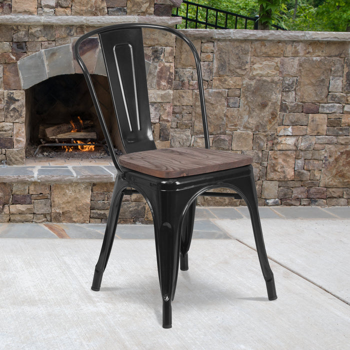 17.5" Black Metal Restaurant Stackable Chair with Wood Seat