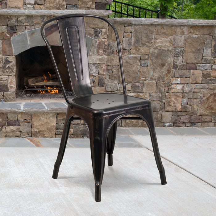 17.5" Black-Antique Gold Metal Restaurant Indoor-Outdoor Stackable Chair