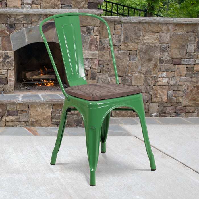 17.5" Green Metal Restaurant Stackable Chair with Wood Seat