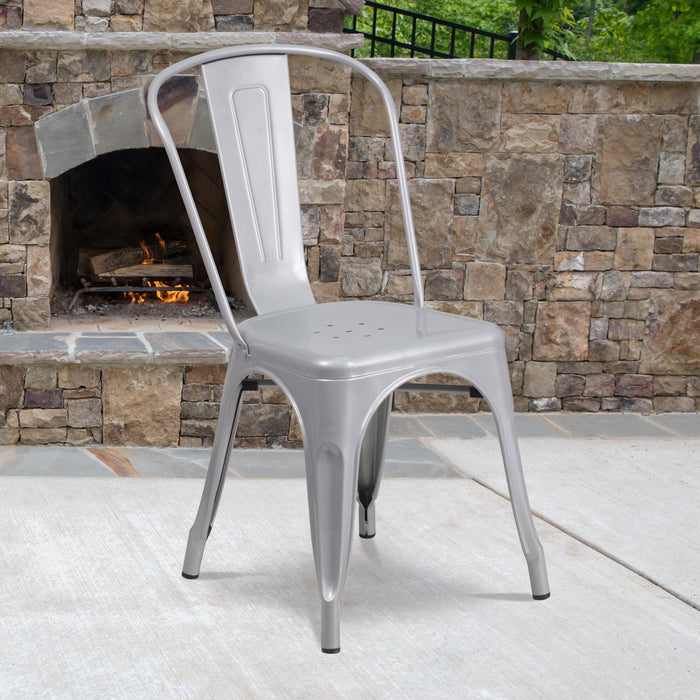 17.5" Silver Metal Restaurant Indoor-Outdoor Stackable Chair