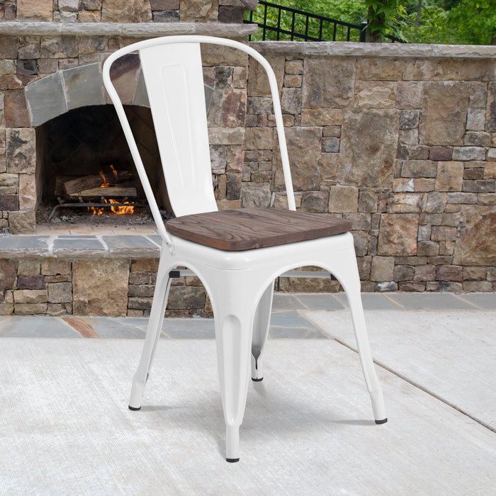 17.5" White Metal Restaurant Stackable Chair with Wood Seat