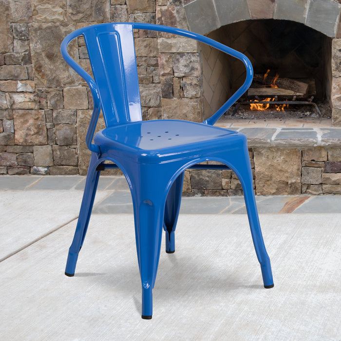 17.5" Blue Metal Restaurant Indoor-Outdoor Chair with Arms