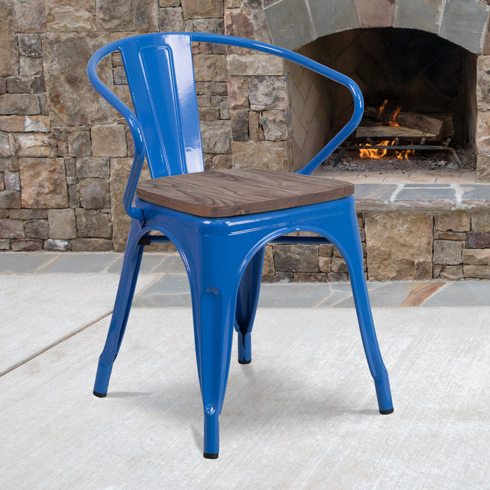 17.5" Blue Metal Restaurant Chair with Wood Seat and Arms