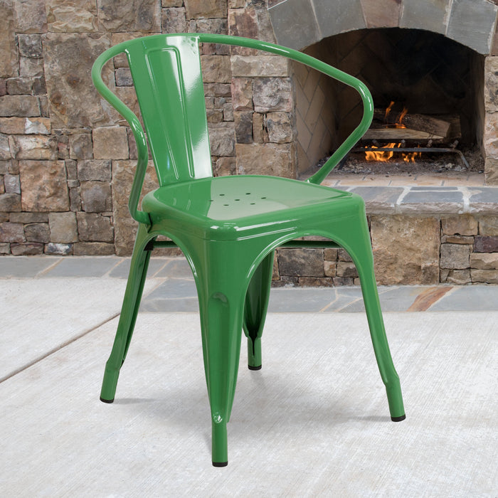 17.5" Green Metal Restaurant Indoor-Outdoor Chair with Arms