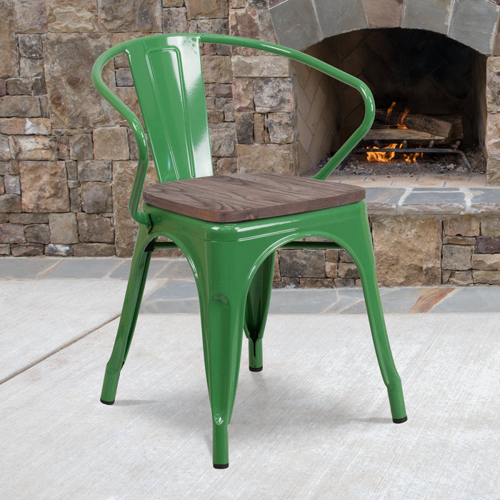 17.5" Green Metal Restaurant Chair with Wood Seat and Arms