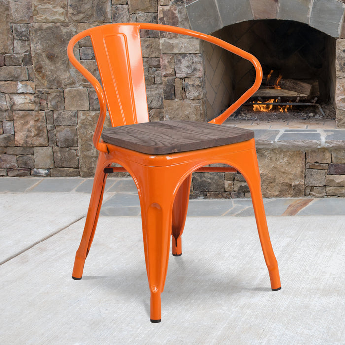 17.5" Orange Metal Restaurant Chair with Wood Seat and Arms