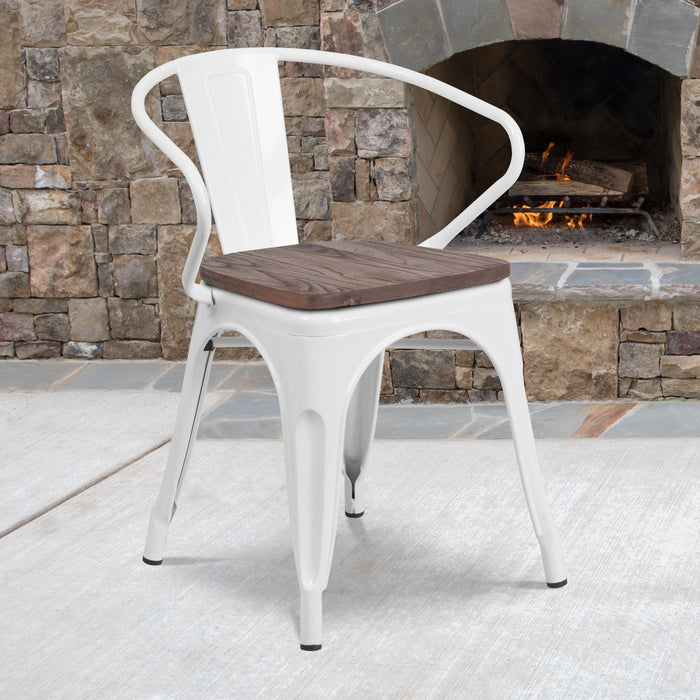 17.5" White Metal Restaurant Chair with Wood Seat and Arms