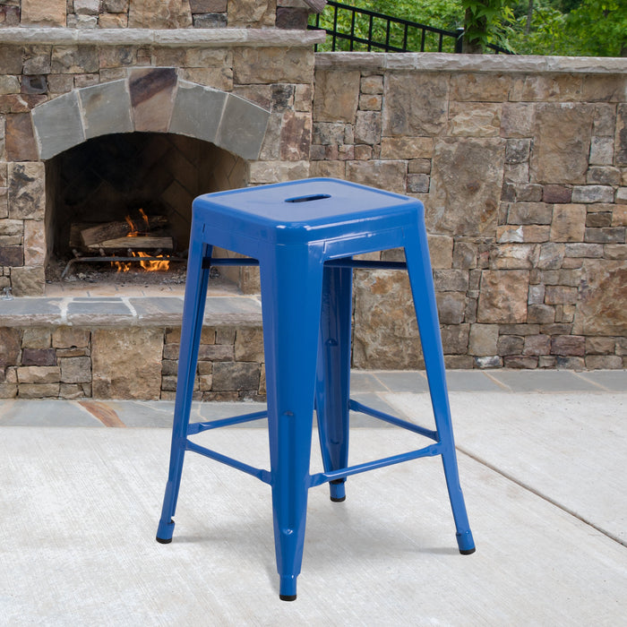 24'' High Backless Blue Metal Restaurant Indoor-Outdoor Counter Height Stool with Square Seat