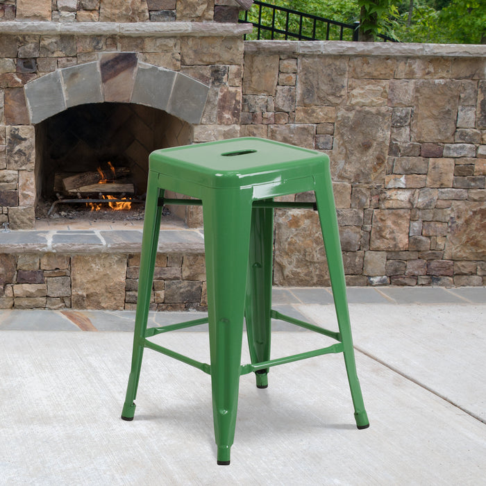 24'' High Backless Green Metal Restaurant Indoor-Outdoor Counter Height Stool with Square Seat
