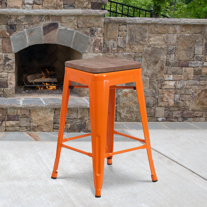 24" High Backless Orange Metal Restaurant Counter Height Stool with Square Wood Seat