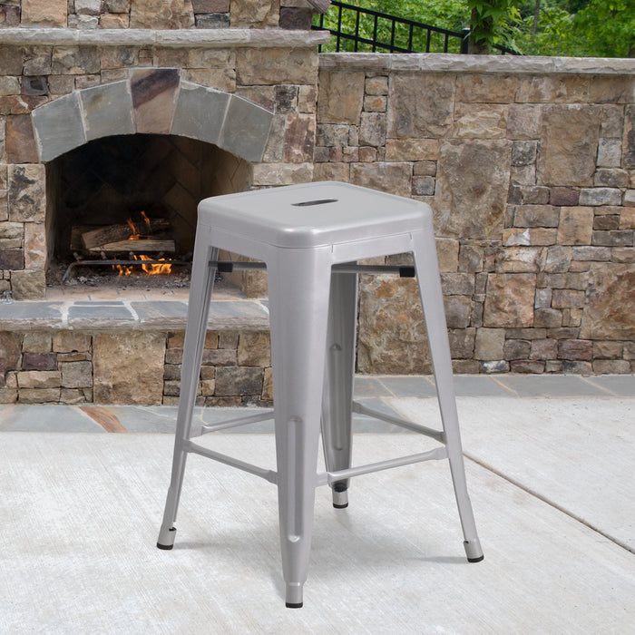 24'' High Backless Silver Metal Restaurant Indoor-Outdoor Counter Height Stool with Square Seat