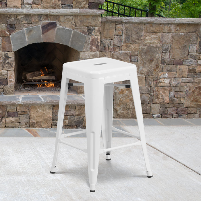 24'' High Backless White Metal Restaurant Indoor-Outdoor Counter Height Stool with Square Seat
