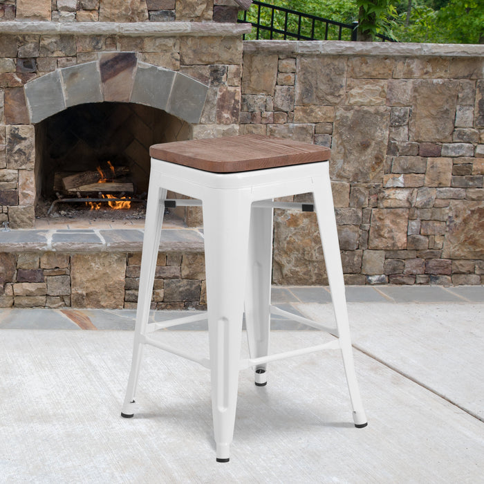 24" High Backless White Metal Restaurant Counter Height Stool with Square Wood Seat