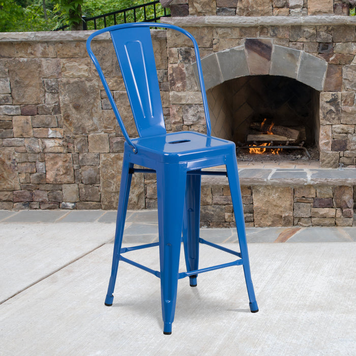 24'' High Blue Metal Restaurant Indoor-Outdoor Counter Height Stool with Back