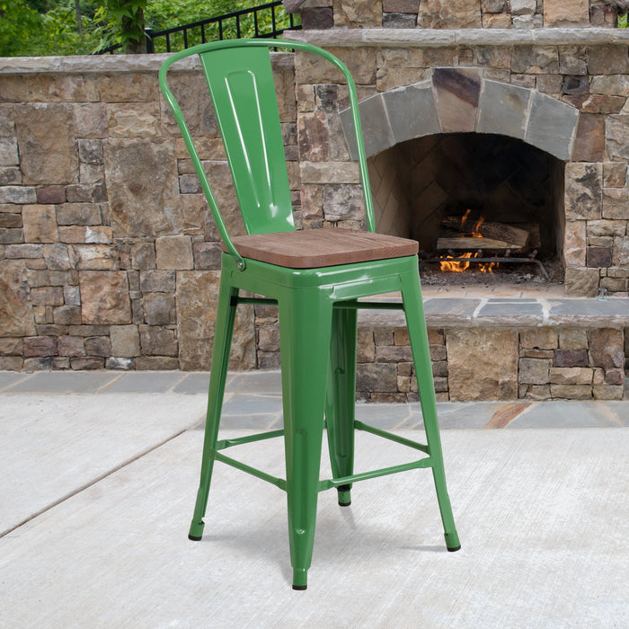 24" High Green Metal Restaurant Counter Height Stool with Back and Wood Seat
