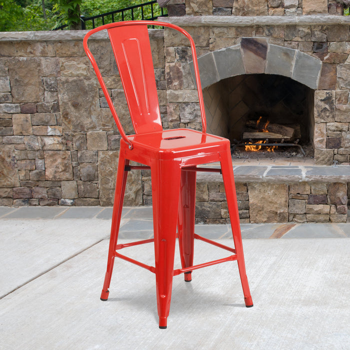 24'' High Red Metal Restaurant Indoor-Outdoor Counter Height Stool with Back