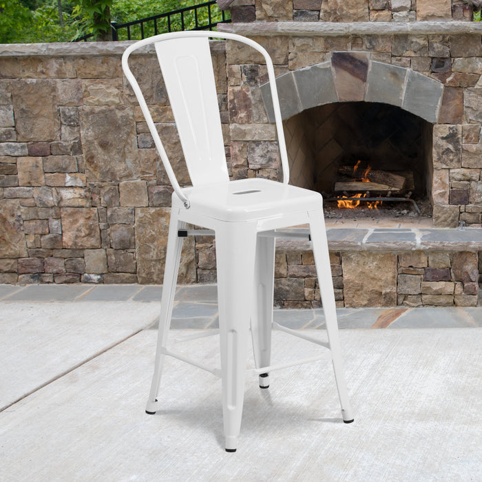 24'' High White Metal Restaurant Indoor-Outdoor Counter Height Stool with Back