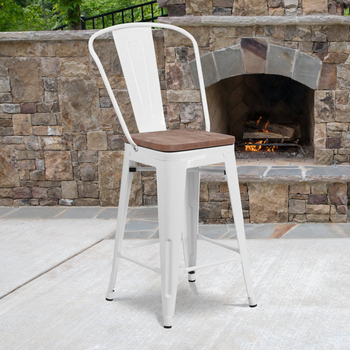 24" High White Metal Restaurant Counter Height Stool with Back and Wood Seat
