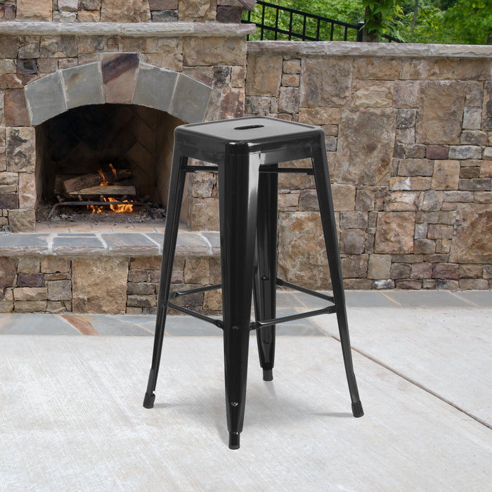 30'' High Backless Black Metal Restaurant Indoor-Outdoor Barstool with Square Seat