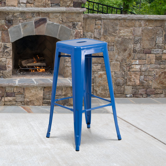 30'' High Backless Blue Metal Restaurant Indoor-Outdoor Barstool with Square Seat