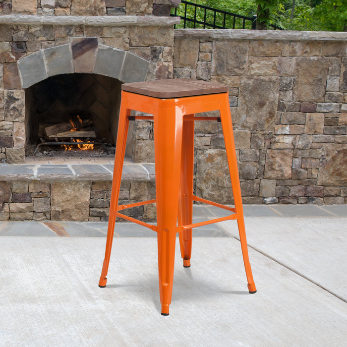 30" High Backless Orange Metal Restaurant Barstool with Square Wood Seat