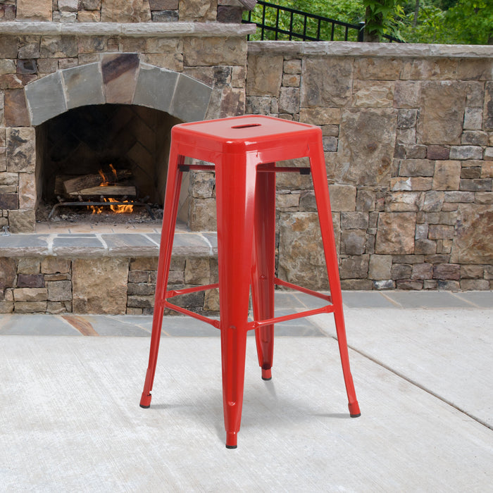 30'' High Backless Red Metal Restaurant Indoor-Outdoor Barstool with Square Seat